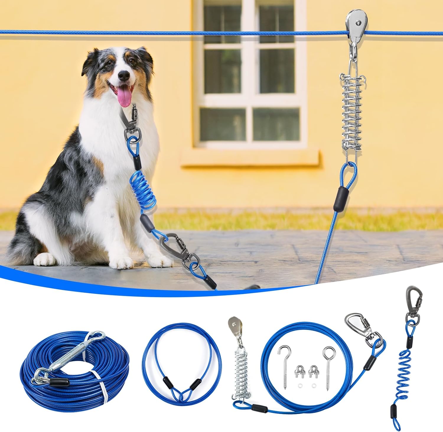 Dog Runner for Yard,Double Shock Absorption Dog Trolley System for Large Dogs,Heavy Duty 50FT Tie Out Run Cable with 10FT Leads,for Dogs Up to 250LBS,Aerial Zipline for Outside,Camping