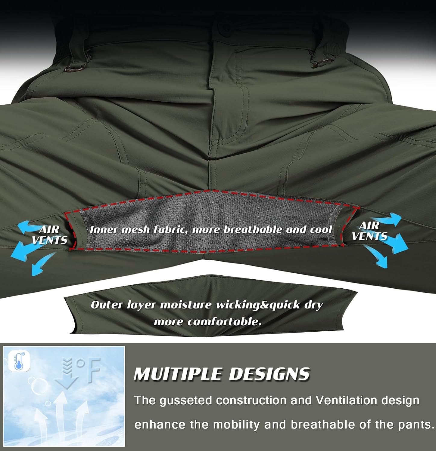 SPOSULEI Mens Lightweight Cargo Hiking Outdoor Quick Dry Work Tactical Pants 6 Pockets Water Resistant Fishing Travel Pants