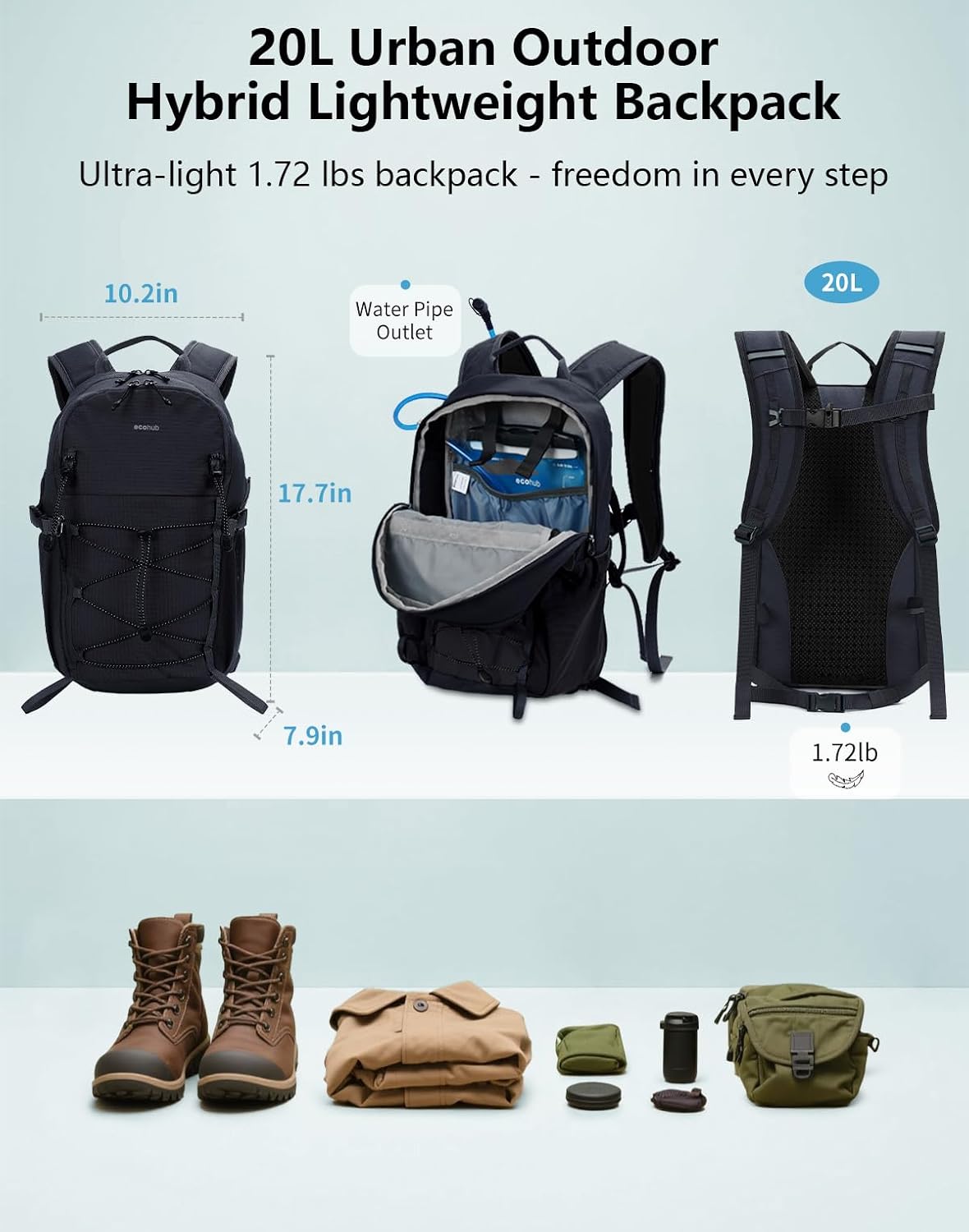 ECOHUB Small Hiking Backpack for Men Women, 20L Lightweight Travel Backpacks Water Resistant Camping Cycling Hiking Daypack