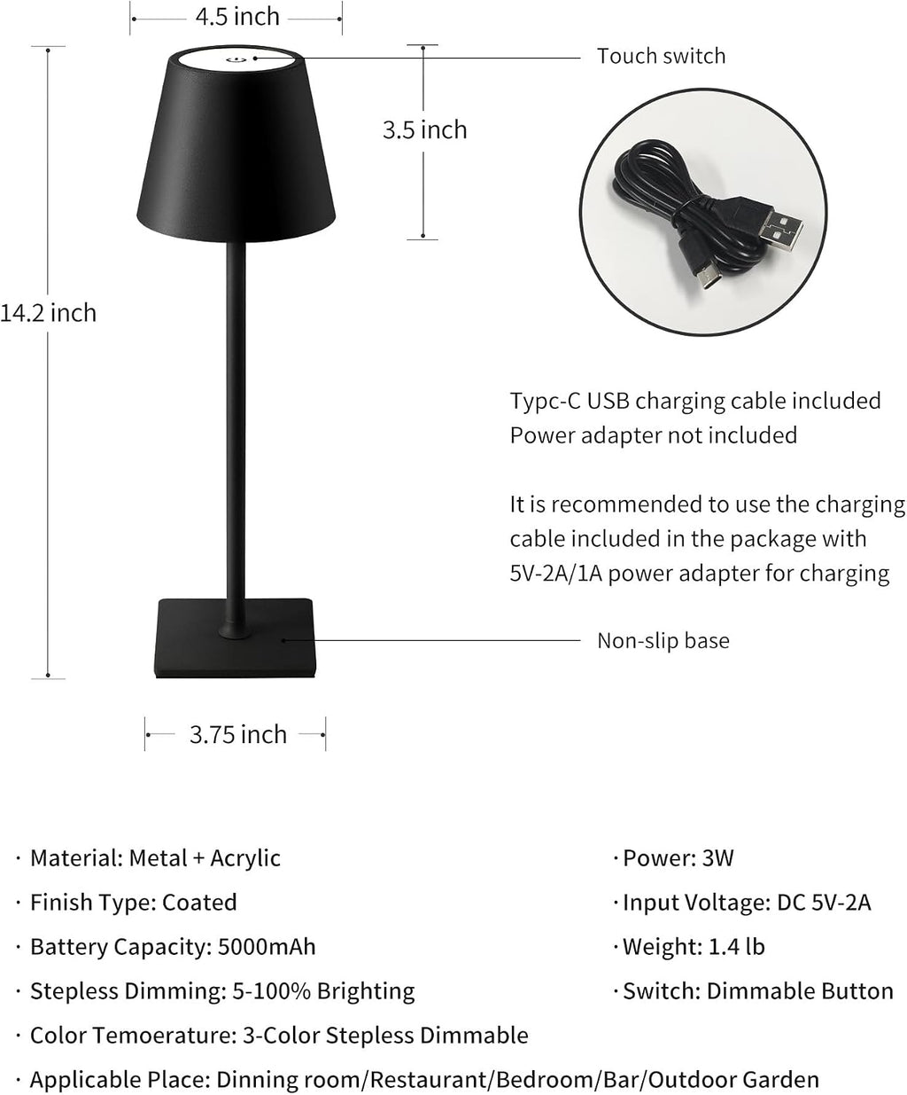 KDG Cordless Black Table Lamp, Portable Desk Lamp, 5000mAh Battery Operated