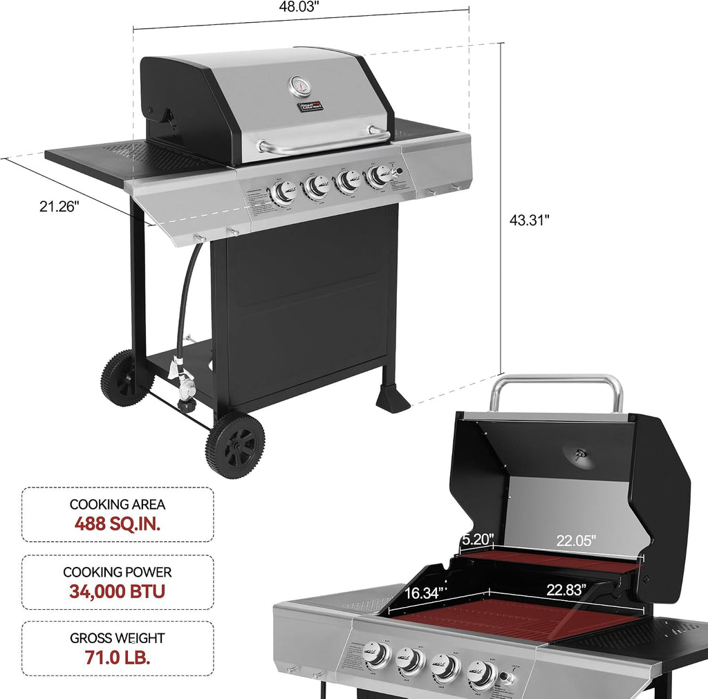 Royal Gourmet 4-Burner Propane Gas Grill with Warming Rack, Black & Silver