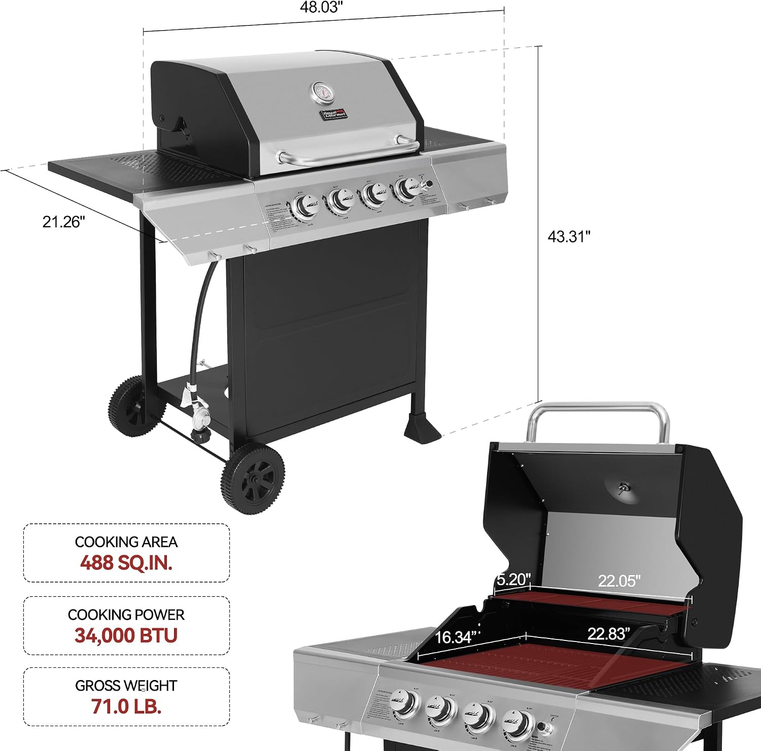 Royal Gourmet 4-Burner Propane Gas Grill with Warming Rack, Black & Silver