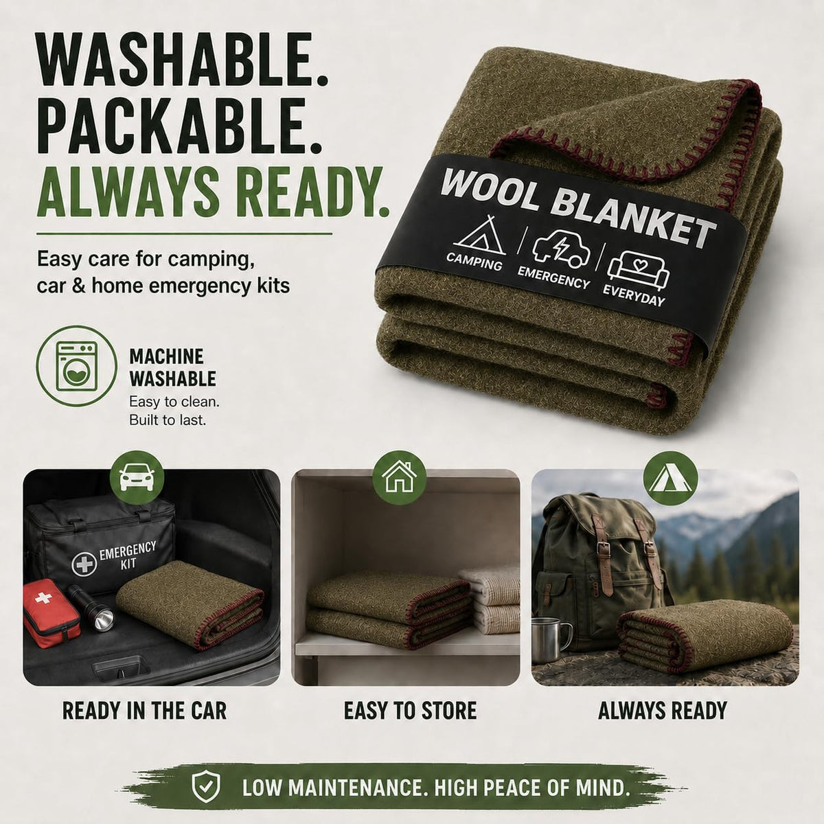JMR Wool Camping Blanket, Fire Retardant Military Throw, Olive (62x84)