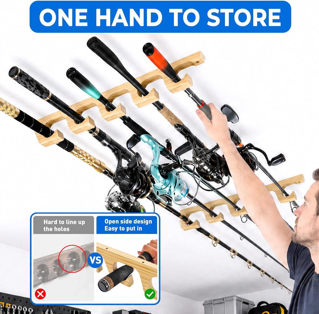 PLUSINNO H5W Solid Wood Fishing Rod Holder, Horizontal Wall & Ceiling Mount Fishing Pole Holders for Garage Storage, Holds 5Rods, Combos and Fishing Nets（Natural Wood,1pack）