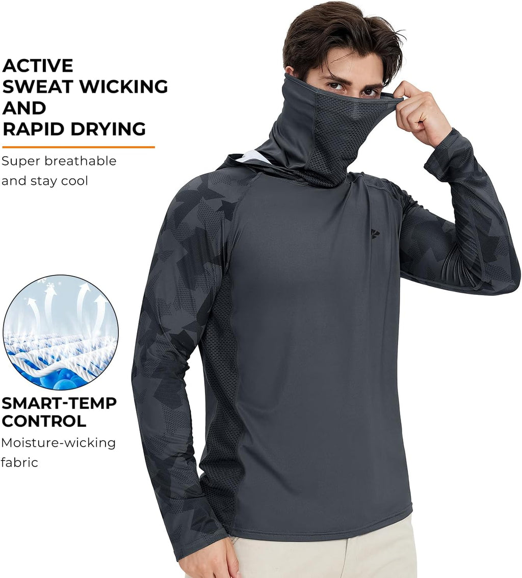 Rodeel UPF 50+ Men’s Long Sleeve Performance Fishing Hiking Shirt with Mask UV Neck Gaiter Hoodie
