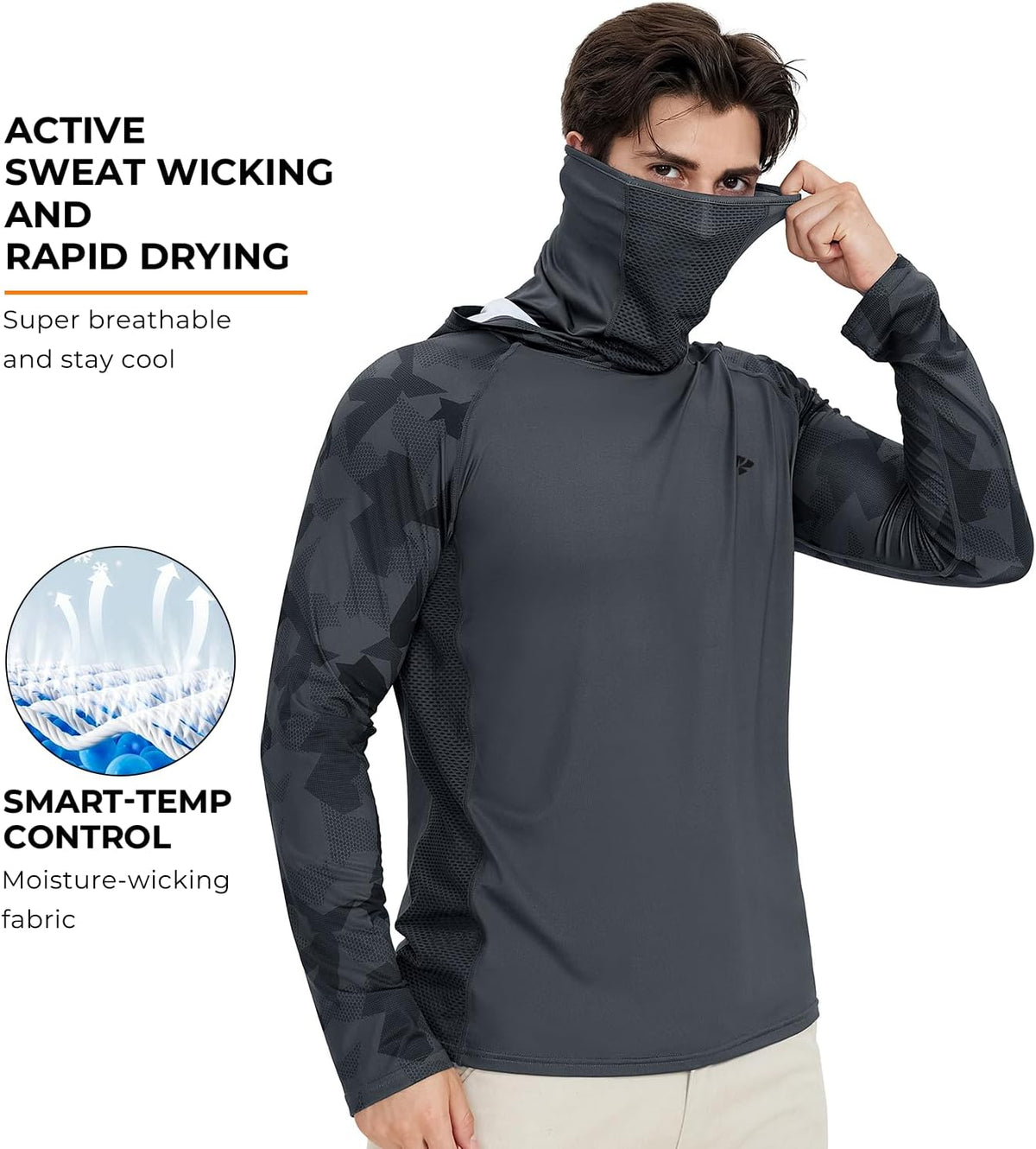 Rodeel UPF 50+ Men’s Long Sleeve Performance Fishing Hiking Shirt with Mask UV Neck Gaiter Hoodie