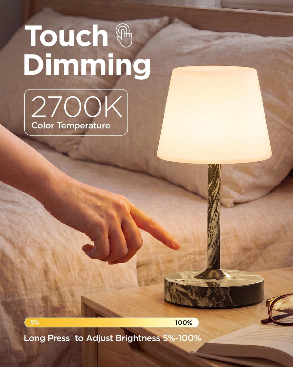IP65 Waterproof Rechargeable Shower Lamp, Cordless Bathroom Touch Lamps