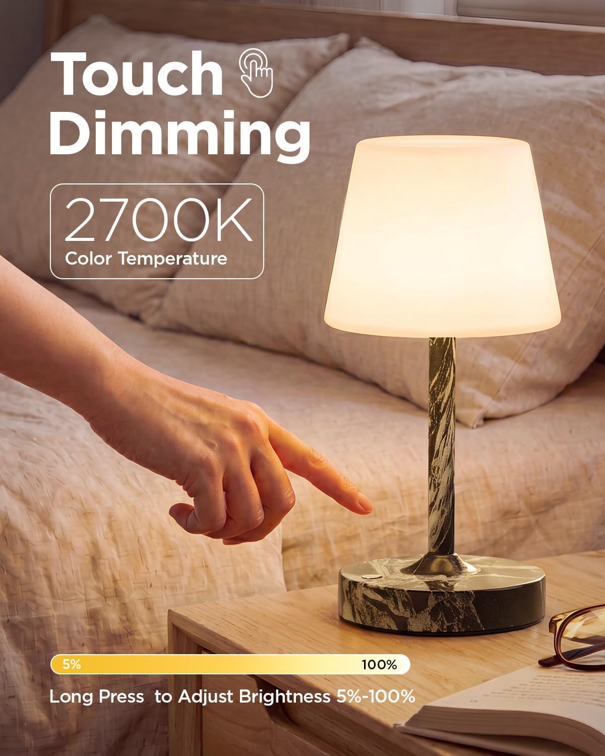 IP65 Waterproof Rechargeable Shower Lamp, Cordless Bathroom Touch Lamps