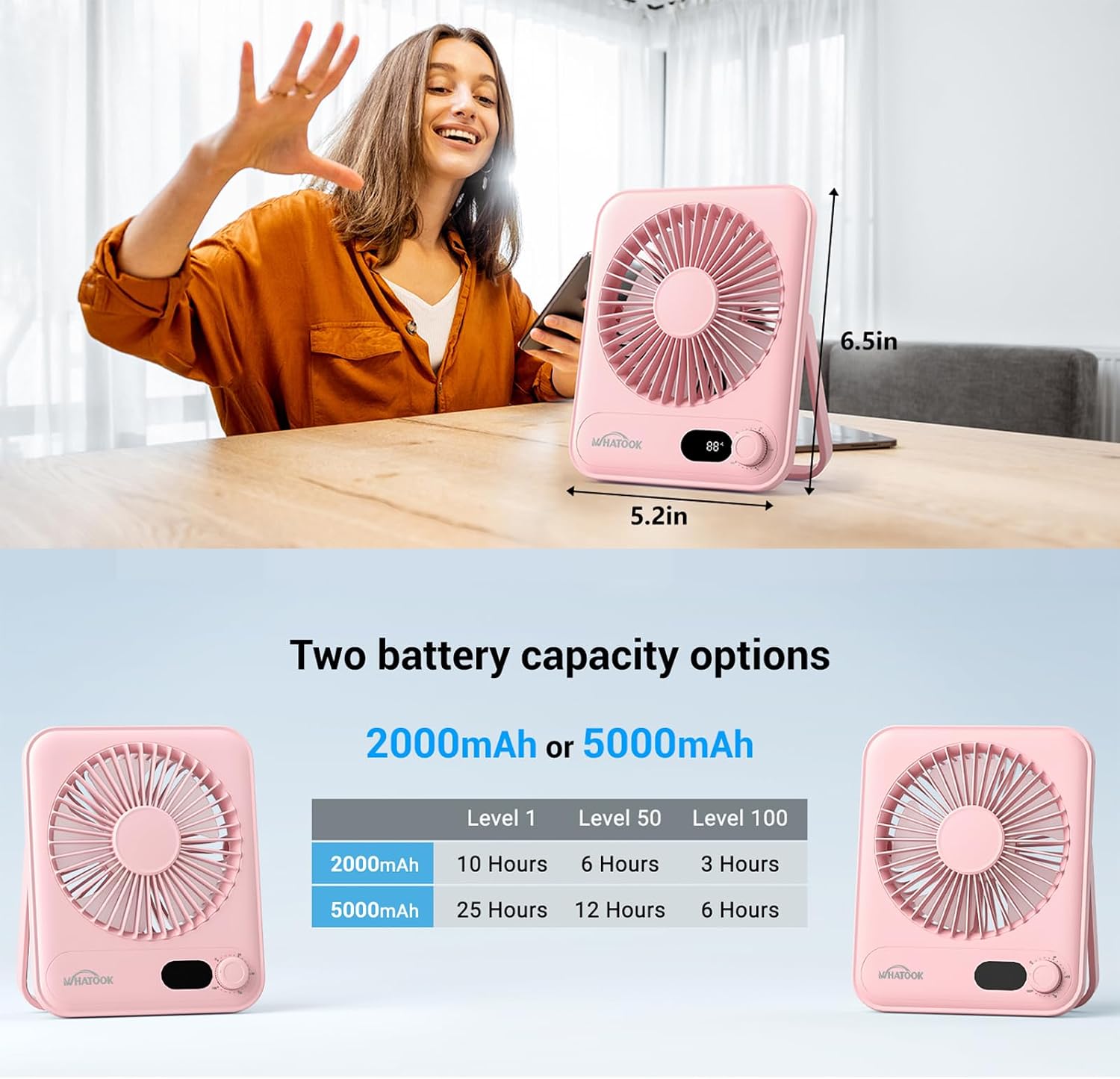 WHATOOK Small Desk Fan Personal Fans: 5000mah 25 Hours Battery Office Quiet Mini Desktop Fan Portable Rechargeable Travel Essentials (Pink & Purple, Milliamp Hours, 2000)