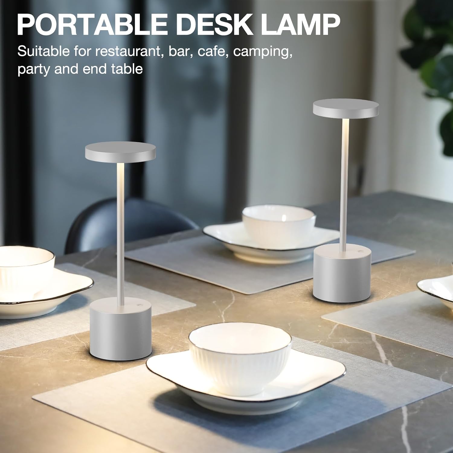 Kakanuo Silver Gray Cordless Lamp Set, Rechargeable Lamp, 3 Color Temperature, LED Outdoor Wireless Lamps, Battery Operated Lamps, Stepless Dimmable, Touch Control