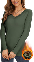 WOWENY Women Thermal Long Sleeve Shirt Fleece Lined Basic Fitted Tops Lace V Neck Undershirts Winter Tight Base Layer