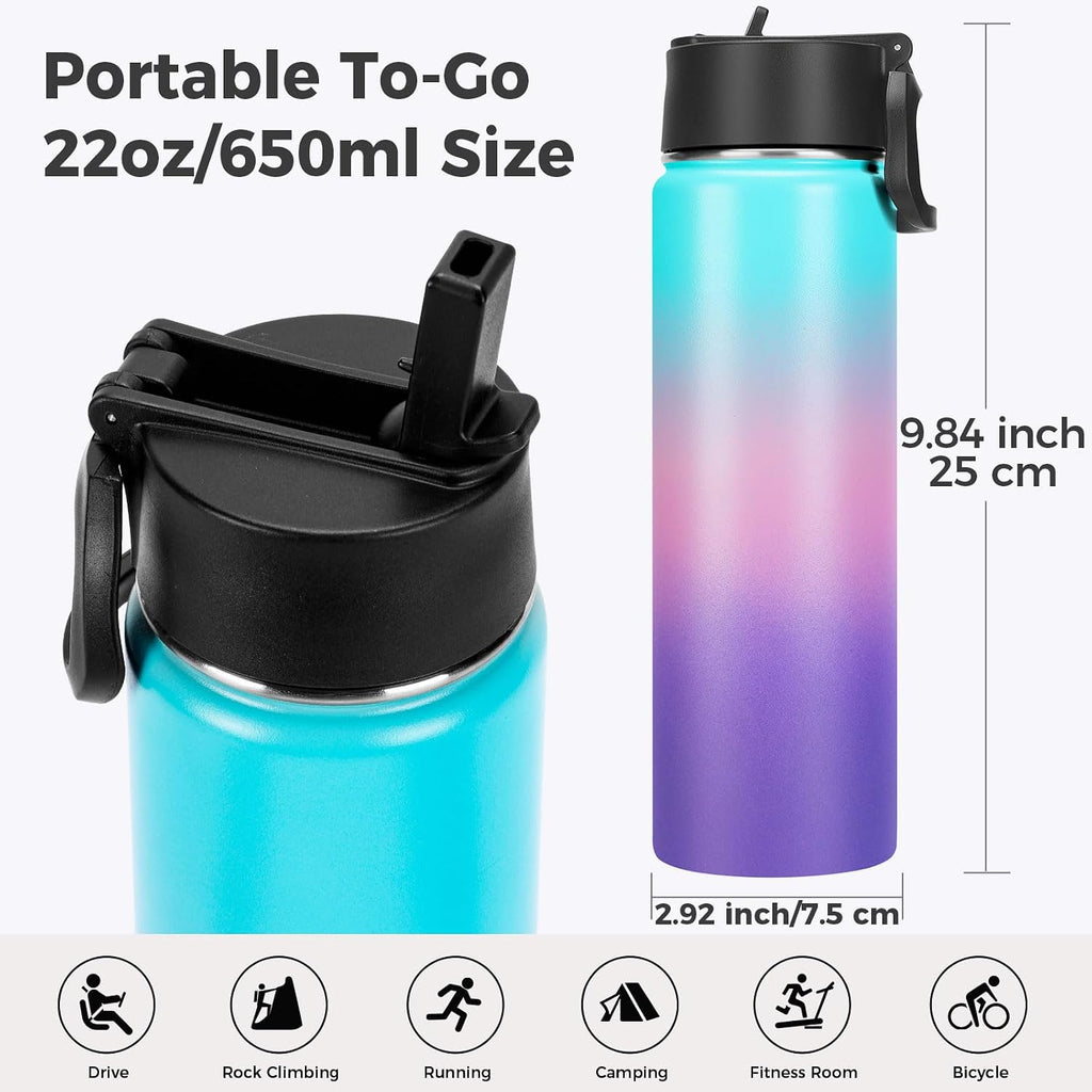 Neihepal 22 oz Insulated Water Bottle with Straw Lid, Double Walled Vacuum Stainless Steel Water Bottles Leak Proof, Wide Mouth (Gradient Color,1 Pack)