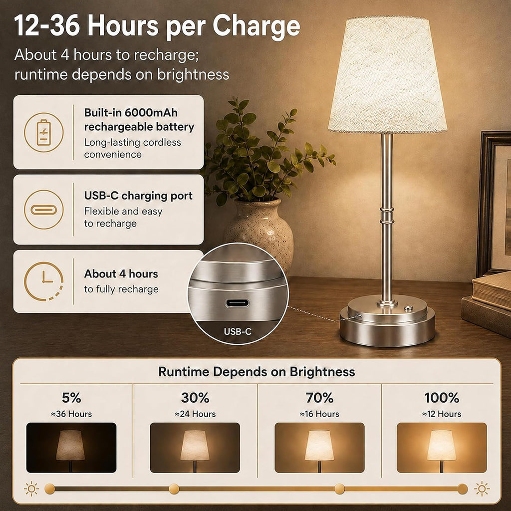 Rechargeable Cordless Table Lamp, Battery Operated Bedside Lamp, Silver