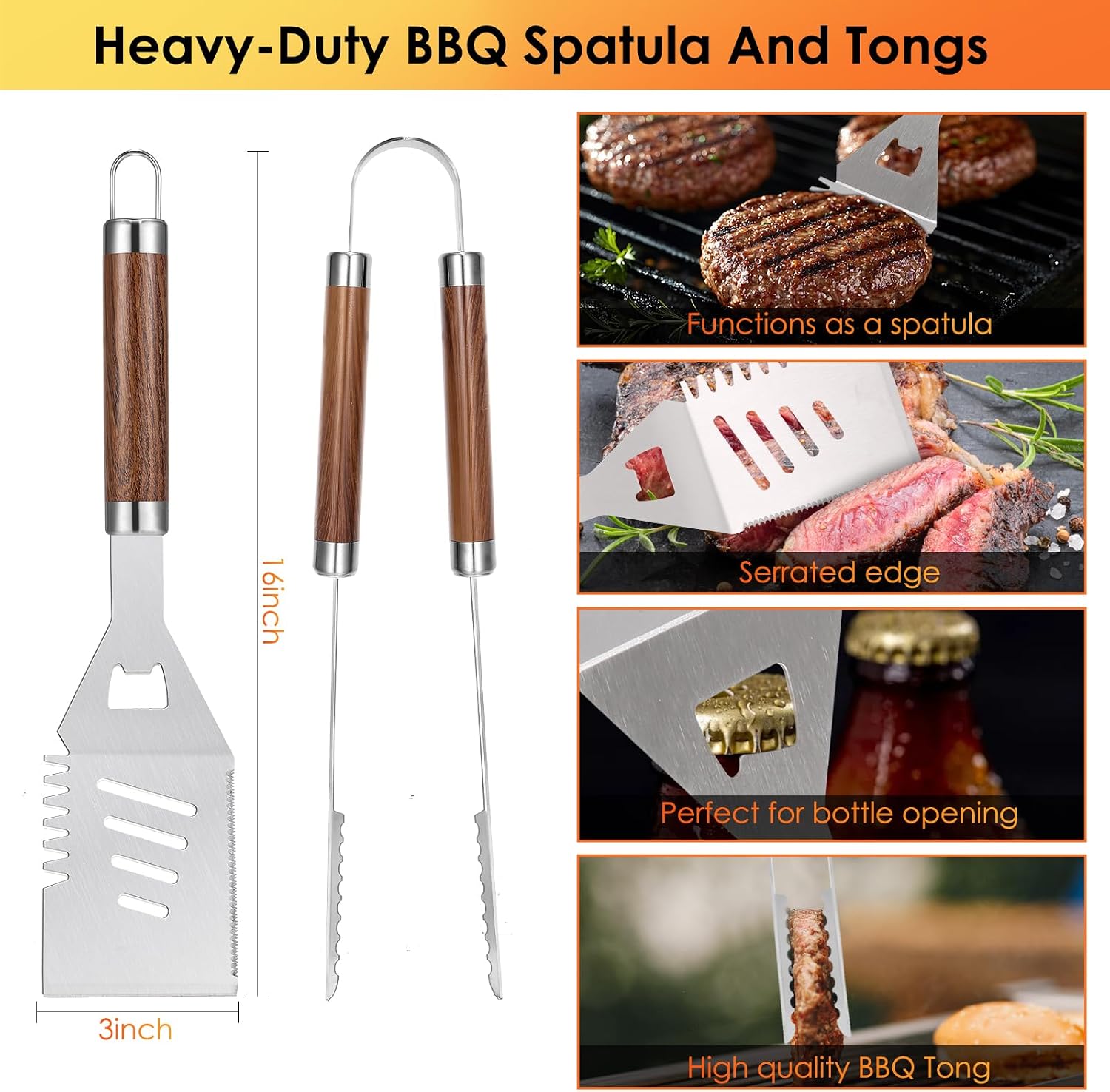 Yoehka BBQ Grilling Accessories Set, 34Pcs Heavy Duty Grill Tools, Brown | For Outdoor Camping, Grilling Gifts for Fathers Day, Men Dad, Stainless Steel Barbecue Utensils Kit, Includes Mats and Glove