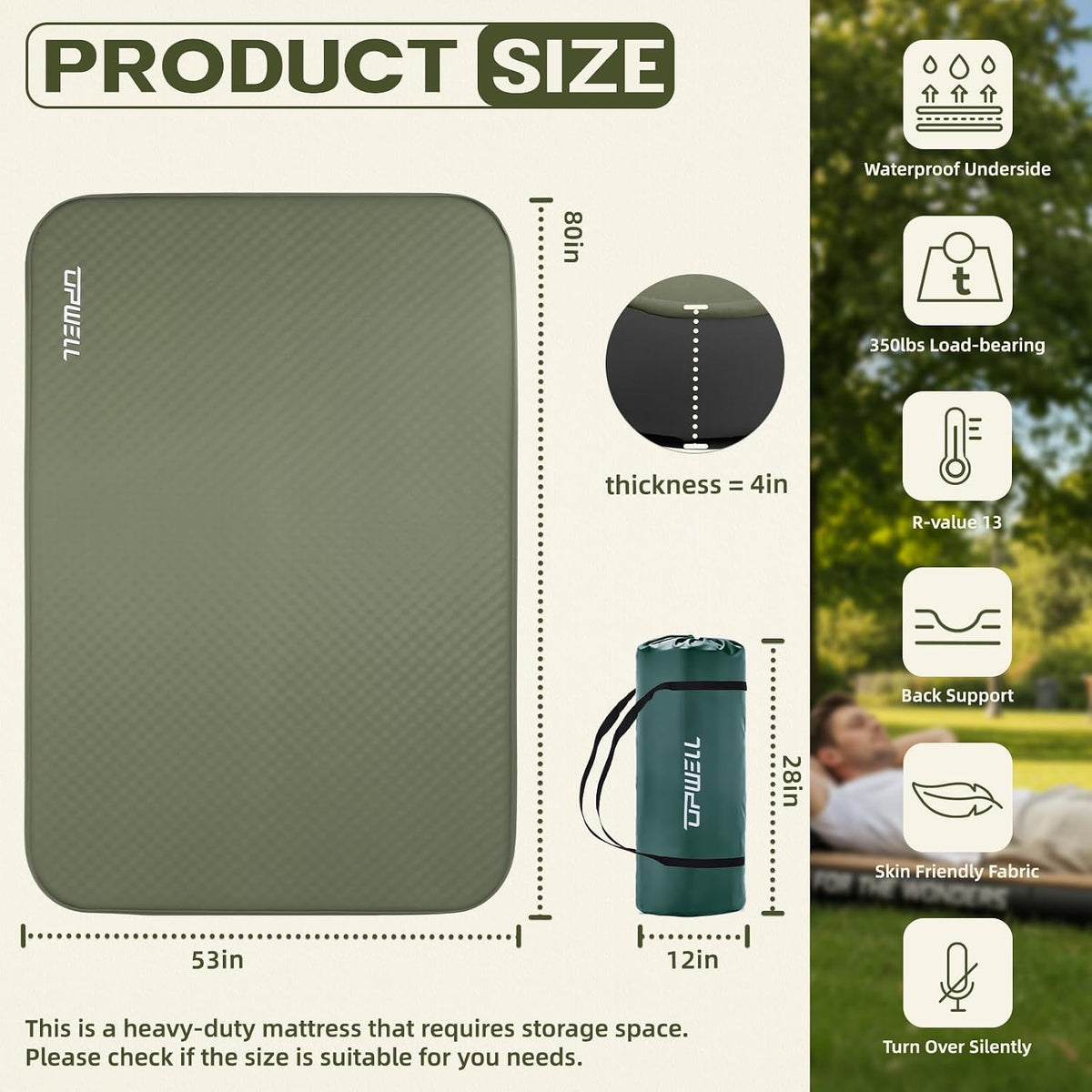 UPWELL Self Inflating Sleeping Pad 4.5" Thickness Camping Mattress with Solid Foam Double Sleeping Mat Portable Fast Inflation for Outdoor Mat Portable Roll Up，with air Pump