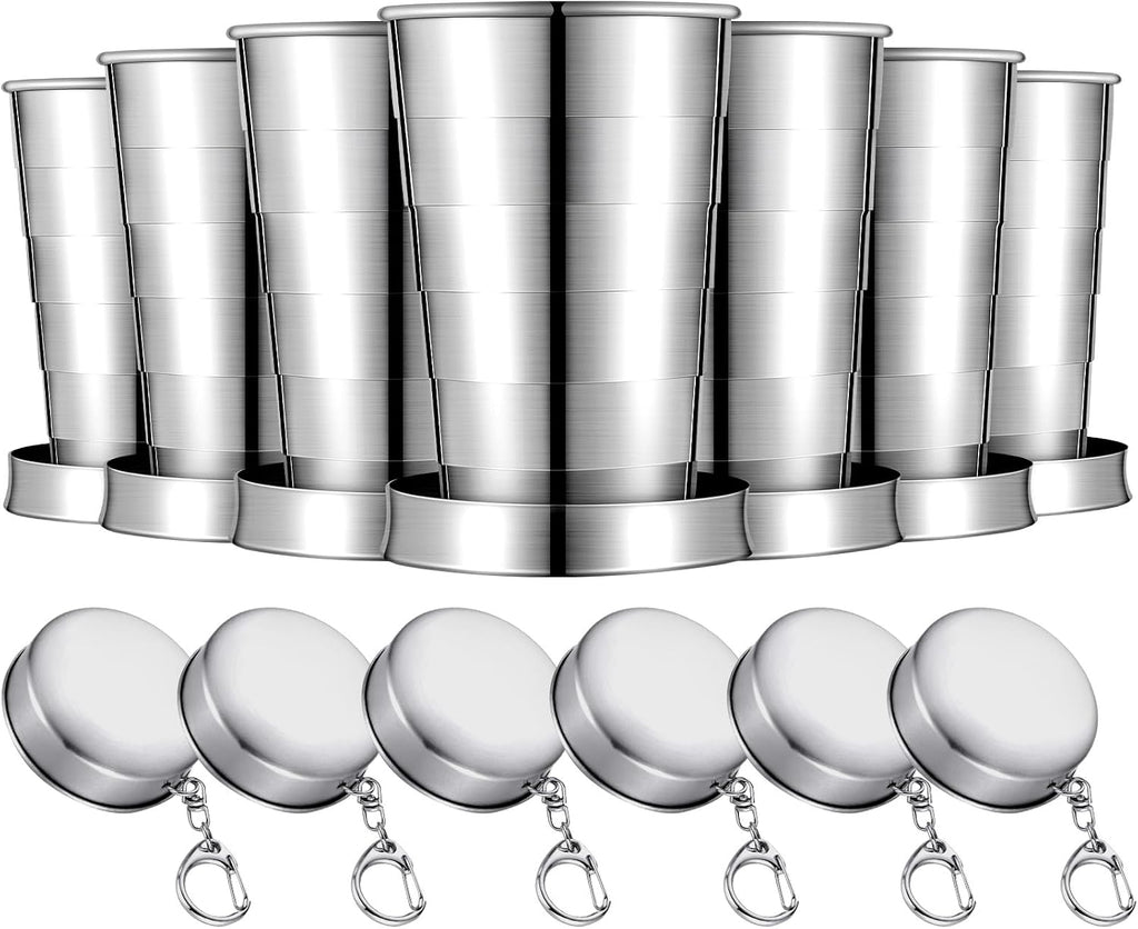 Tessco for you 6 Pieces Collapsible Shot Glasses Stainless Steel Collapsible Cup Reusable Portable Travel Folding Cup with Lid and Keychain for Camping Hiking Cycling(5 oz)