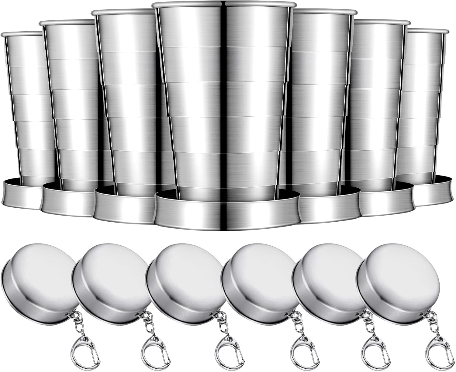 Tessco for you 6 Pieces Collapsible Shot Glasses Stainless Steel Collapsible Cup Reusable Portable Travel Folding Cup with Lid and Keychain for Camping Hiking Cycling(5 oz)