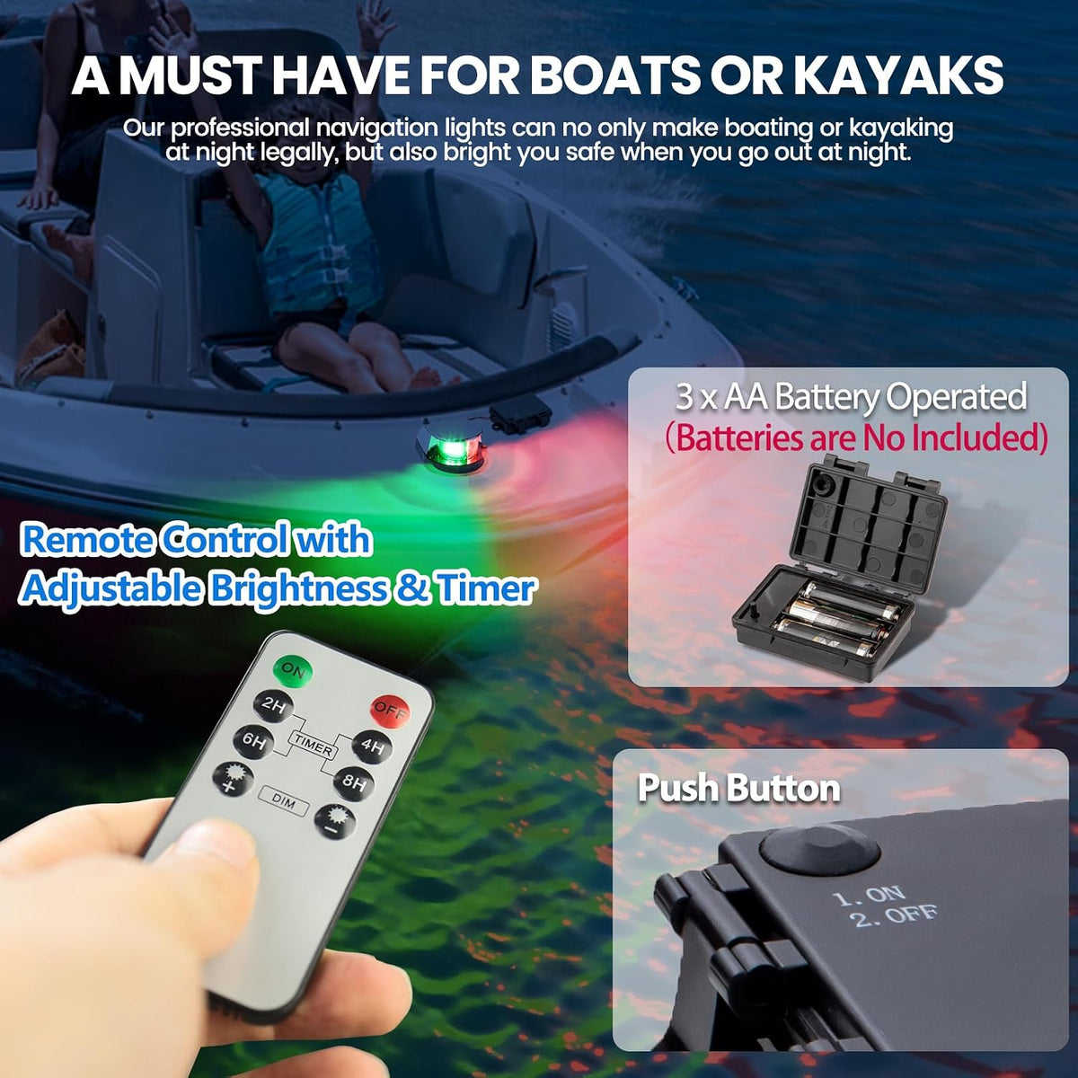 Battery Powered Navigation Light for Boat, Remote Control LED Marine Light with Dimmable & Timer Function, Waterproof Safety Light for Kayak Canoe Jon Bass Boat