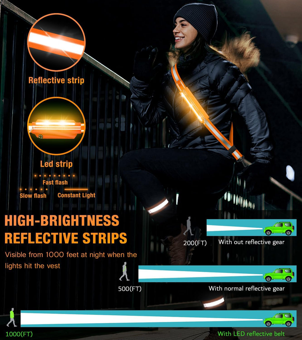 Ylzzrs LED Belt Reflective Sash for Walking at Night,High Visibility Adjustable Night Running Safety Gear,Light Up Running Belt Reflective Gear with Phone Bag/Armband for Runners Walkers Men Women