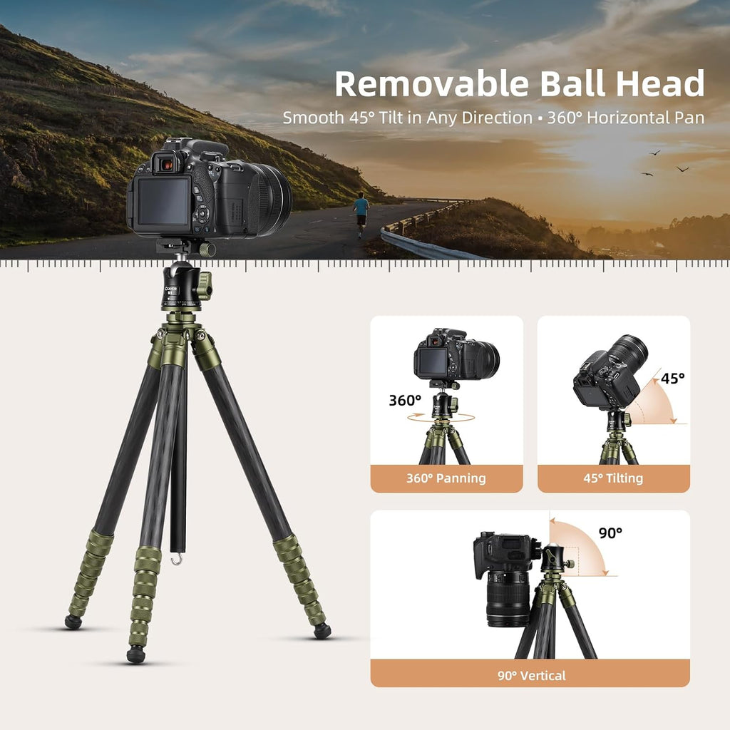 Cayer CH35 Travel Tripod, 53.6" Carbon Fiber Tube with Compact Ball Head