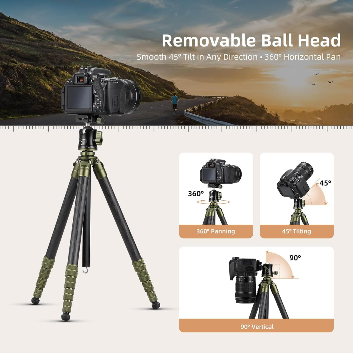 Cayer CH35 Travel Tripod, 53.6" Carbon Fiber Tube with Compact Ball Head