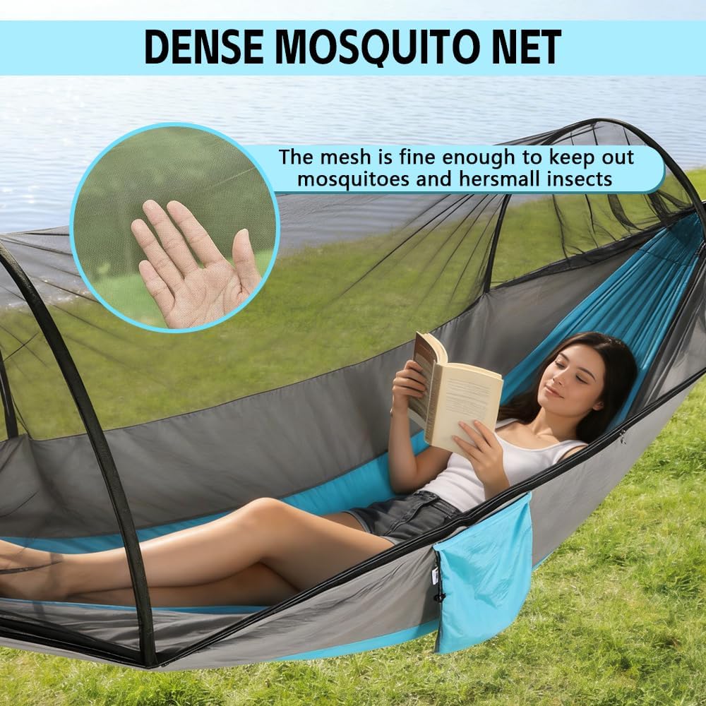 Camping Hammock with Mosquito Net - Double & Single Portable Hammocks with 2 Tree Straps, Lightweight Hammock Tent for Outdoor Camping, Hiking, Backpacking, Beach & Backyard (Blue)