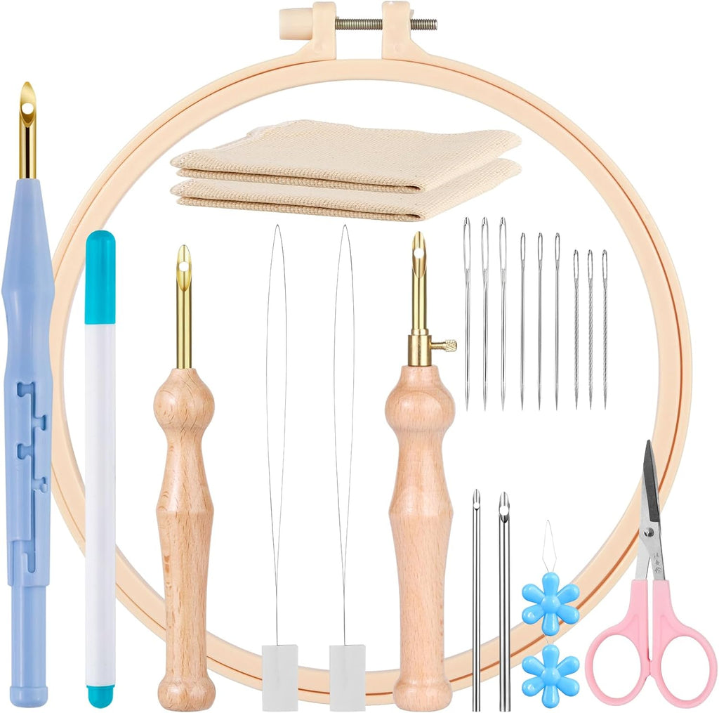 MSDADA 21PC Punch Needle Kit, Adjustable Punch Needle Tool, Wooden Handle Embroidery Pen Kits, Hoops, Cloth, Punch Needle Set Adults Beginner for DIY Craft, Perfect for Decoration and Gifts(Blue)