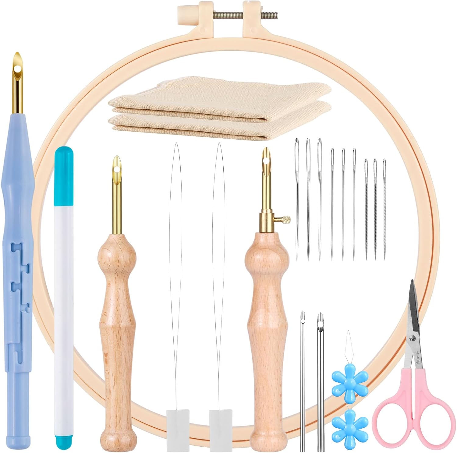 MSDADA 21PC Punch Needle Kit, Adjustable Punch Needle Tool, Wooden Handle Embroidery Pen Kits, Hoops, Cloth, Punch Needle Set Adults Beginner for DIY Craft, Perfect for Decoration and Gifts(Blue)