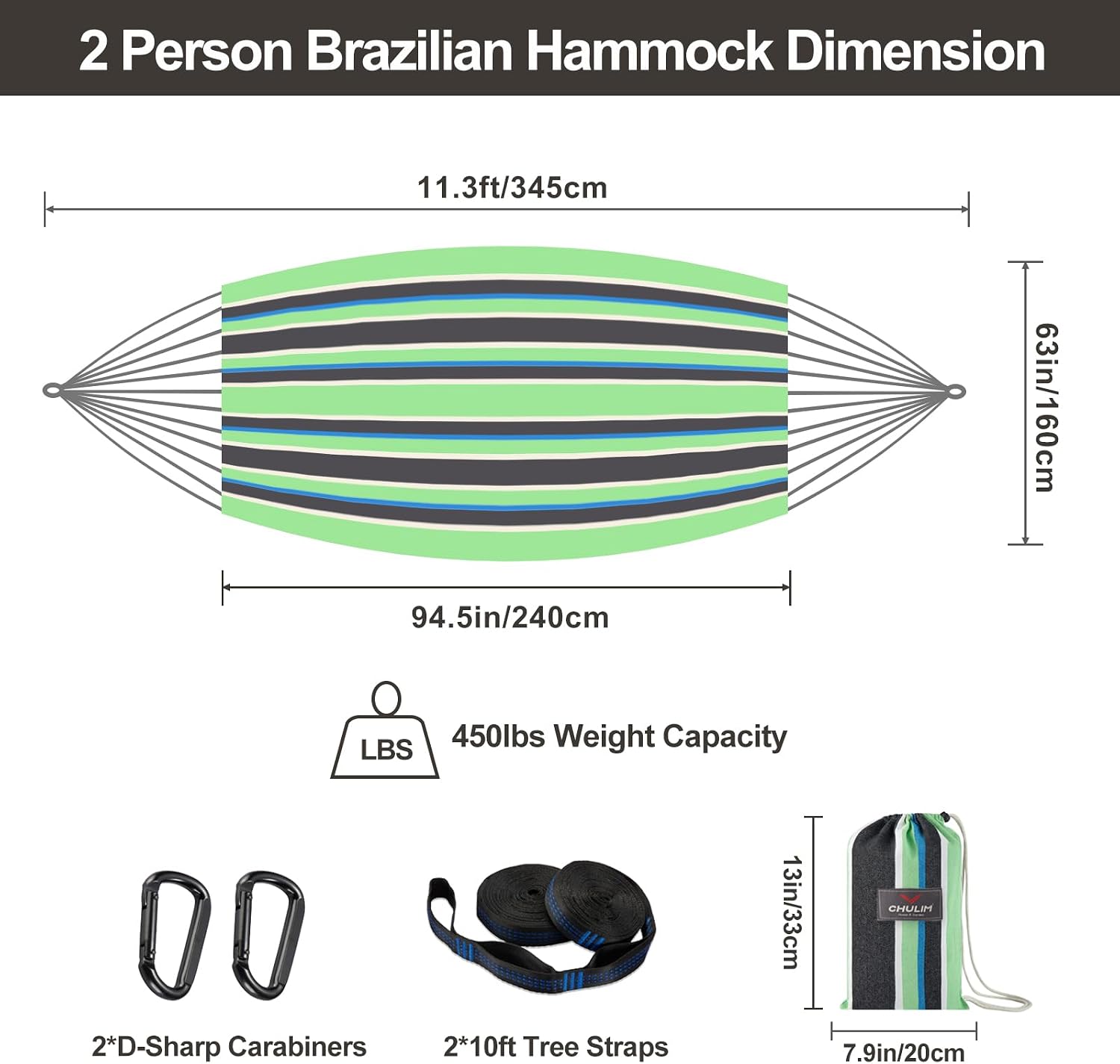 Brazilian Double Hammock with Tree Straps, Extra Large, 450 lbs Capacity