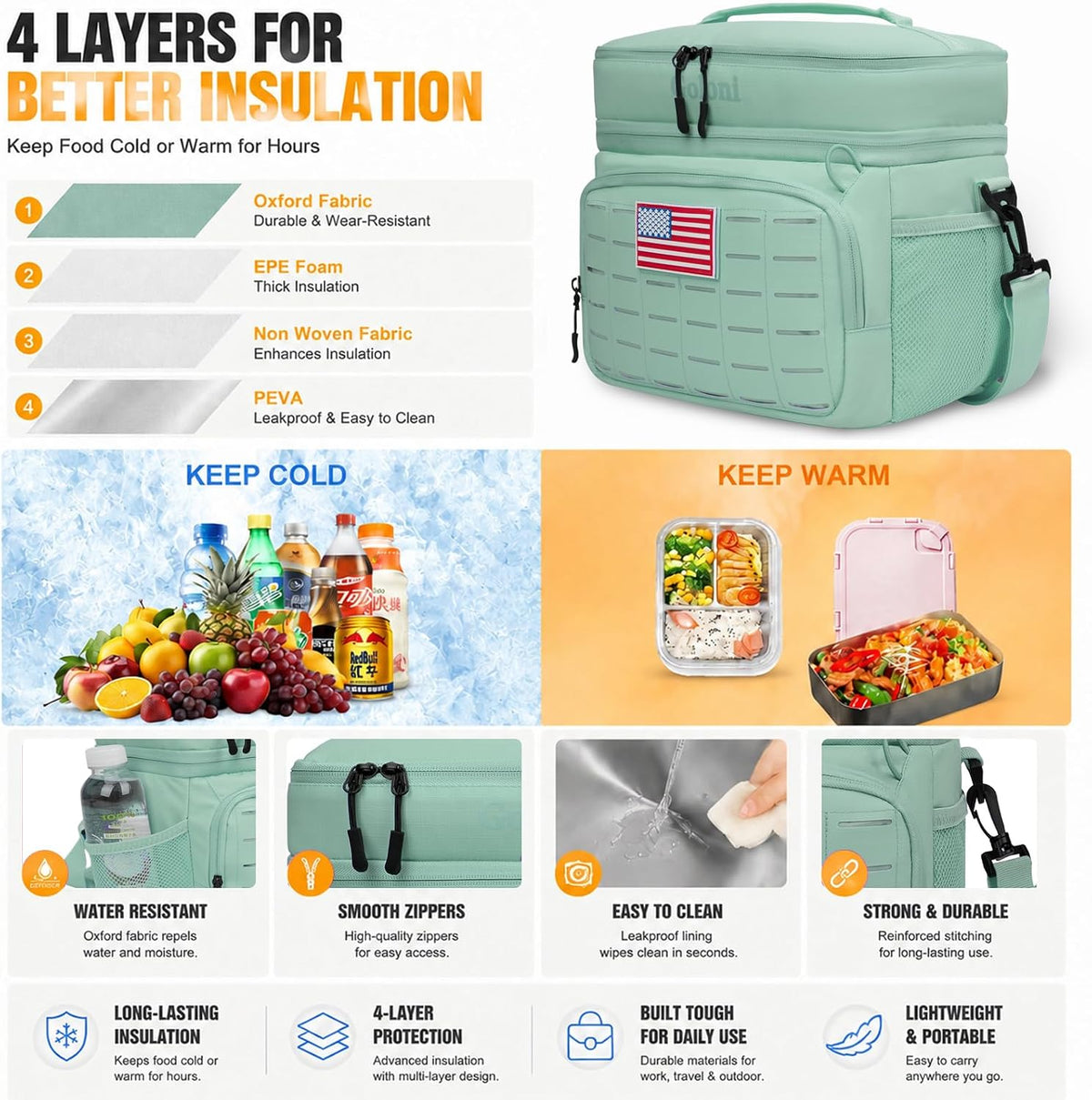 Goloni Lunch Box for Men & Women, Small Cooler Soft Thermal Leakproof Bag with Shoulder Strap, Multi-Pockets for Picnic, Beach, Camping