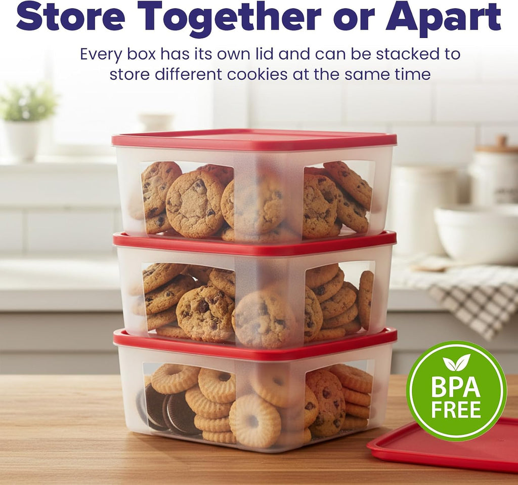 Cookie Storage Containers Airtight - 3-Pack 3.7L Square Plastic Containers With Lids for Baked Goods, Cupcake Storage & Meal Prep - BPA Free, Airtight Flat Reusable Muffin Storage Container