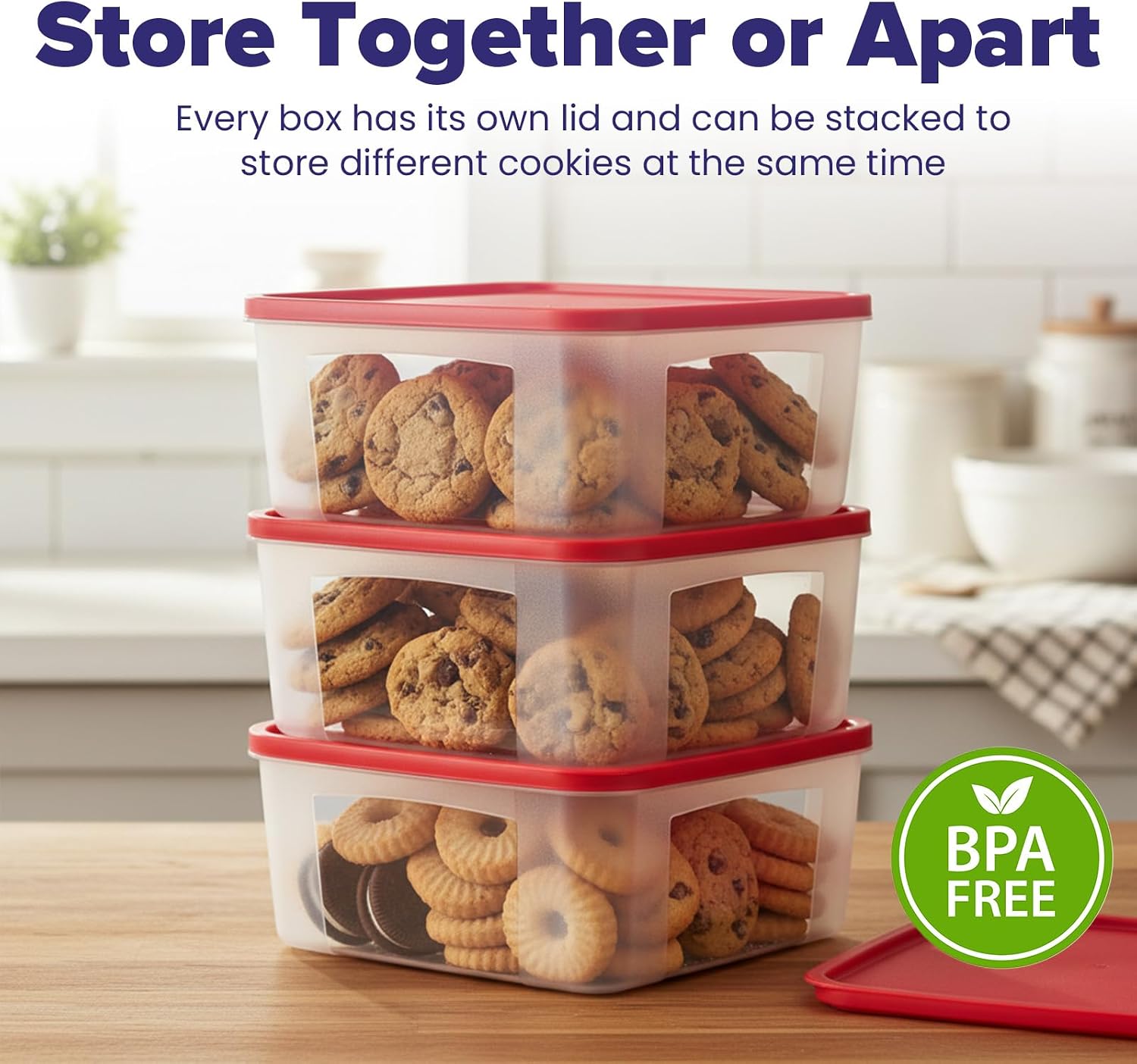 Cookie Storage Containers Airtight - 3-Pack 3.7L Square Plastic Containers With Lids for Baked Goods, Cupcake Storage & Meal Prep - BPA Free, Airtight Flat Reusable Muffin Storage Container