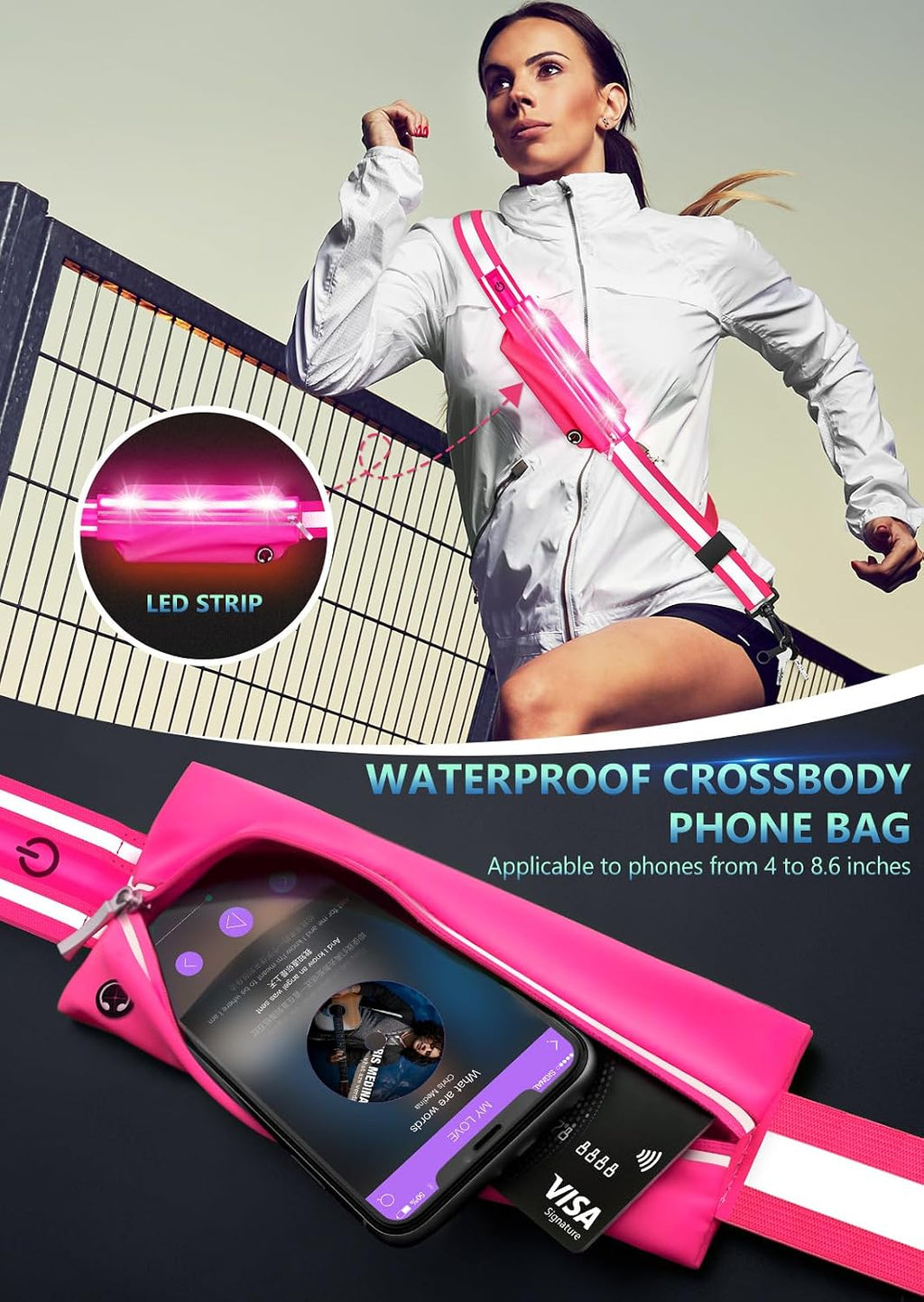 Fokia Kunbio LED Reflective Belt Sash for Walking at Night,Running Safety Gear LED Light Up Running Belt for Runners Walkers