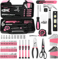 144-Piece Household Tool Set, Pink Tool Kit with Plastic Toolbox
