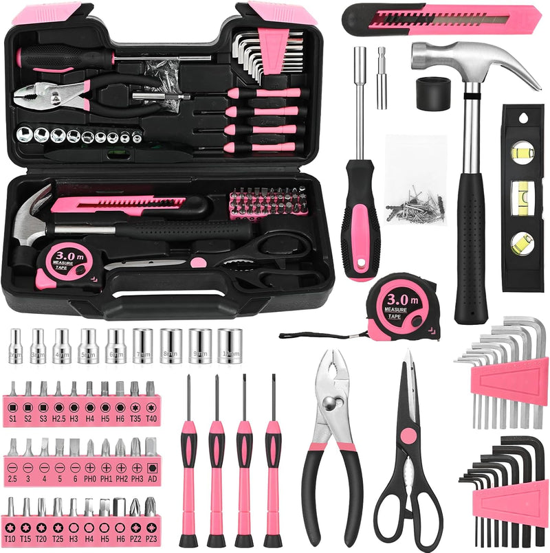 144-Piece Household Tool Set, Pink Tool Kit with Plastic Toolbox