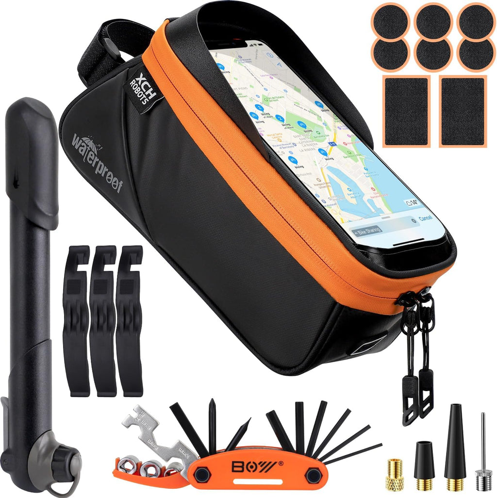 Bicycle Phone Frame Repair Bag with Tire Patch and Inflate Pump - Portable Travel Emergency Tool Kit, Bike Accessories for Adult Bikes with IPX4 Waterproof and Compatible Phone Under 7"