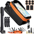 Bicycle Phone Frame Repair Bag with Tire Patch and Inflate Pump - Portable Travel Emergency Tool Kit, Bike Accessories for Adult Bikes with IPX4 Waterproof and Compatible Phone Under 7"