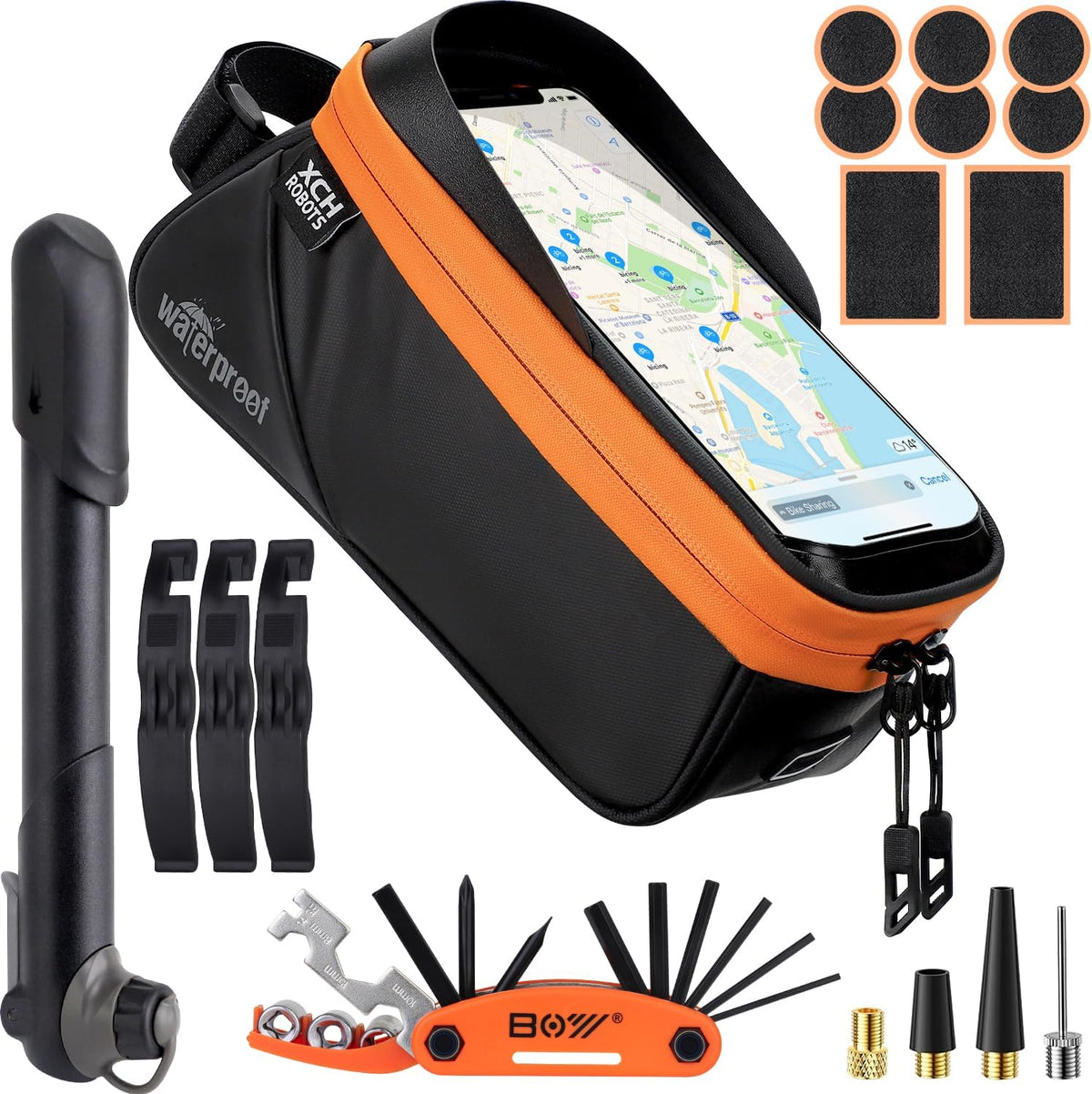 Bicycle Phone Frame Repair Bag with Tire Patch and Inflate Pump - Portable Travel Emergency Tool Kit, Bike Accessories for Adult Bikes with IPX4 Waterproof and Compatible Phone Under 7"