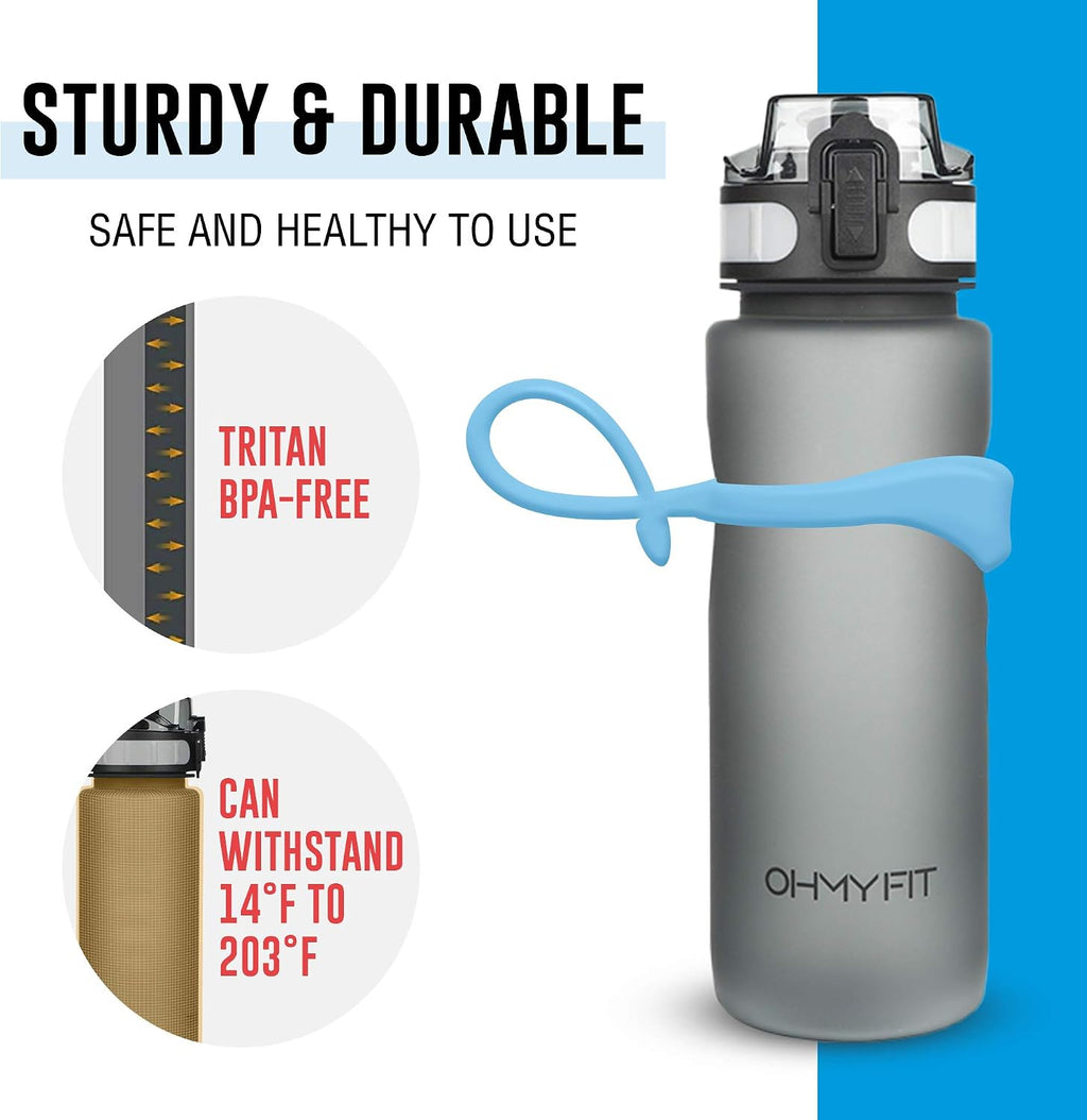 Tritan Sports Water Bottle with Magnetic Silicone Carry Strap & One Click Open Cap - Magnetic Drink Holder for Metal Equipment - Bottle w/Straps for Backpack, Belt & More (18oz, Sky Blue)