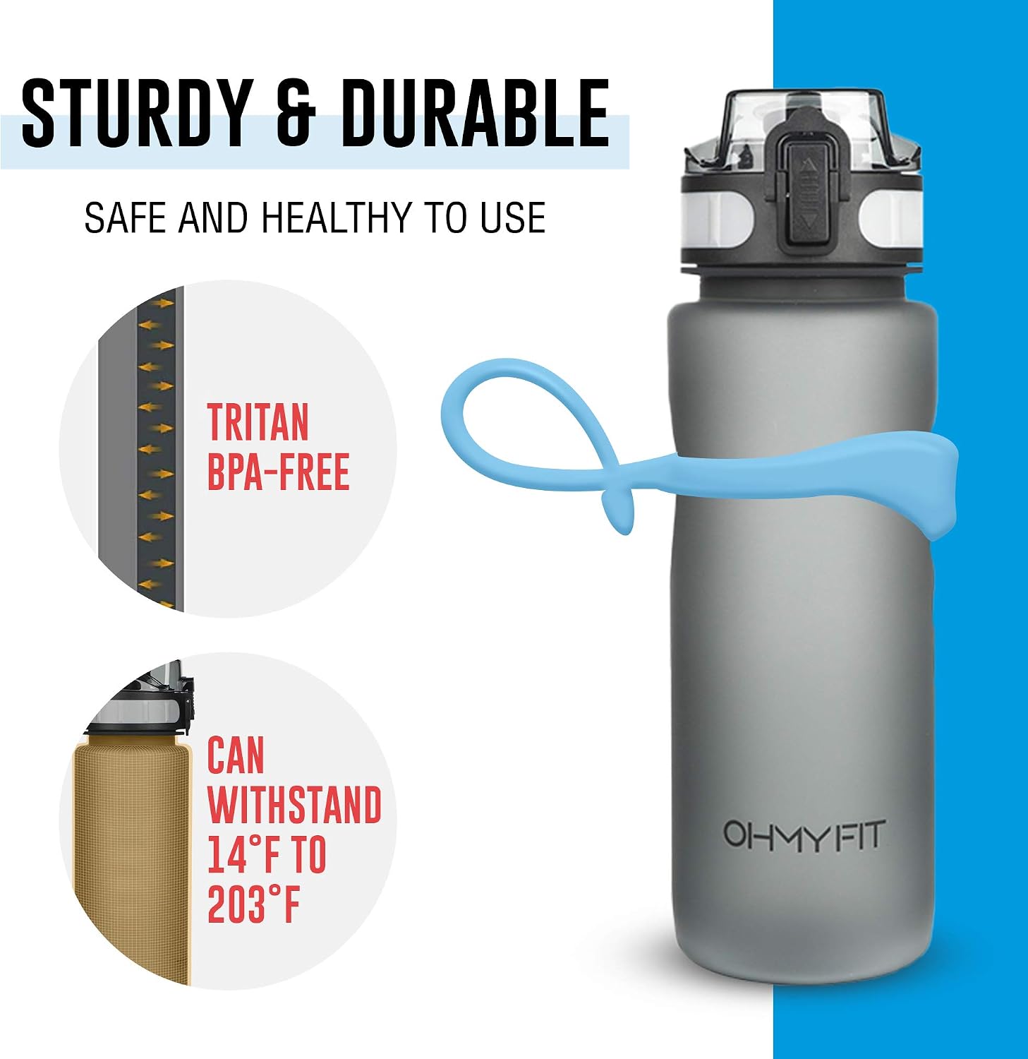 Tritan Sports Water Bottle with Magnetic Silicone Carry Strap & One Click Open Cap - Magnetic Drink Holder for Metal Equipment - Bottle w/Straps for Backpack, Belt & More (18oz, Sky Blue)