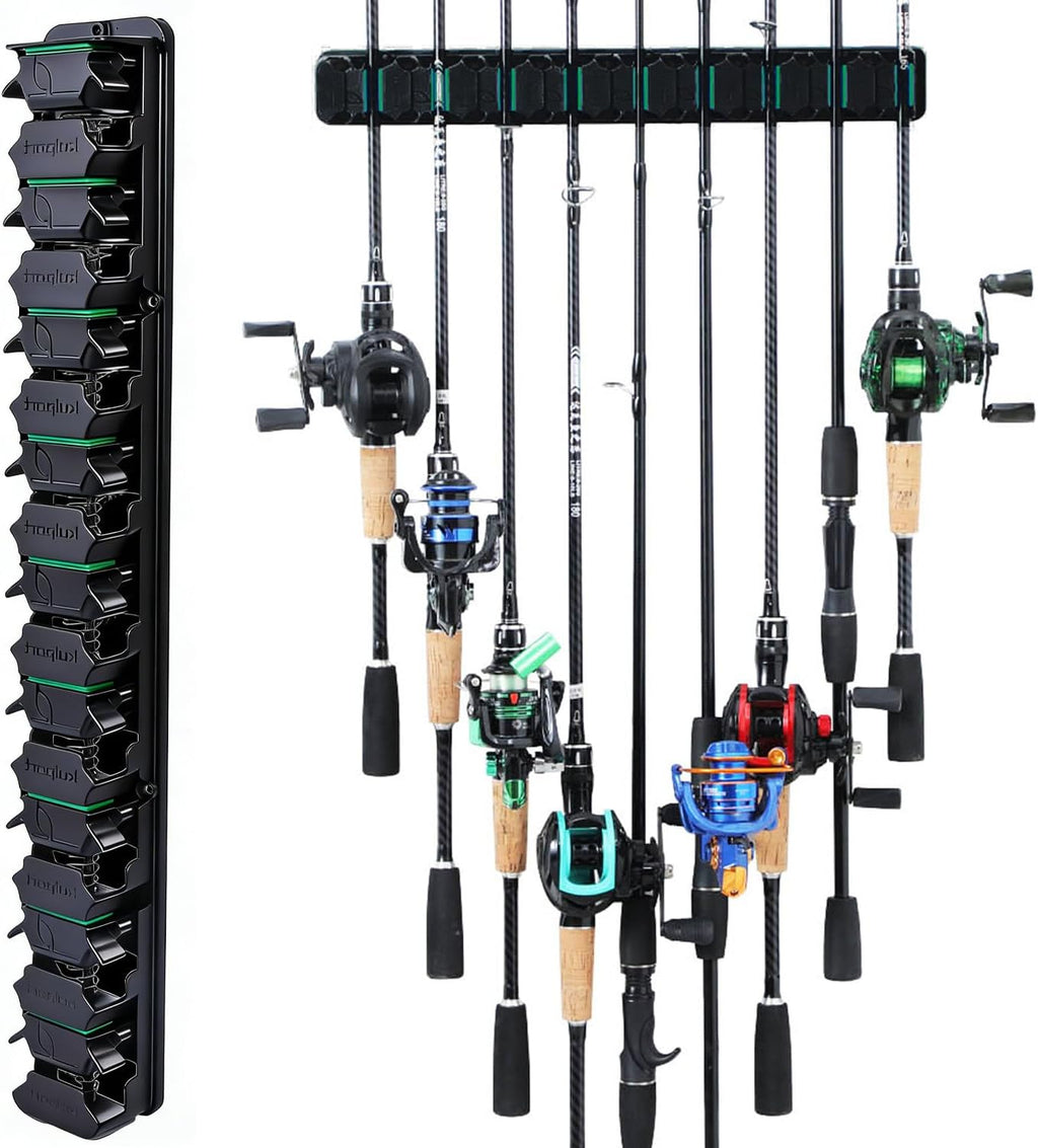 Fishing Rod Rack Holders Wall-Mounted Fishing Pole Holder & Rack, Fishing Pole Holders for Garage & Boat 6-Rod Storage Racks(Horizontal Green, 2 Pair)