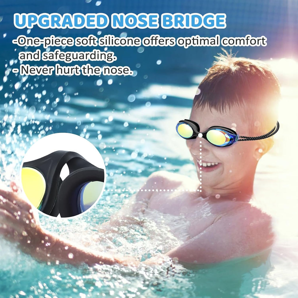 Vvinca Kids Swim Goggles with Bungee Strap，Quick Adjust Kids Goggles 3-14