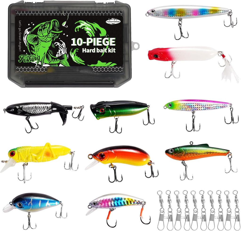 FONMANG Fishing Lures - Tackle Box with Tackle Included, Fishing Kit with VIBs, Frogs, Minnows, Soft Baits, Hooks & Weights Accessories, Freshwater Lure Kit for Bass Walleye Trout