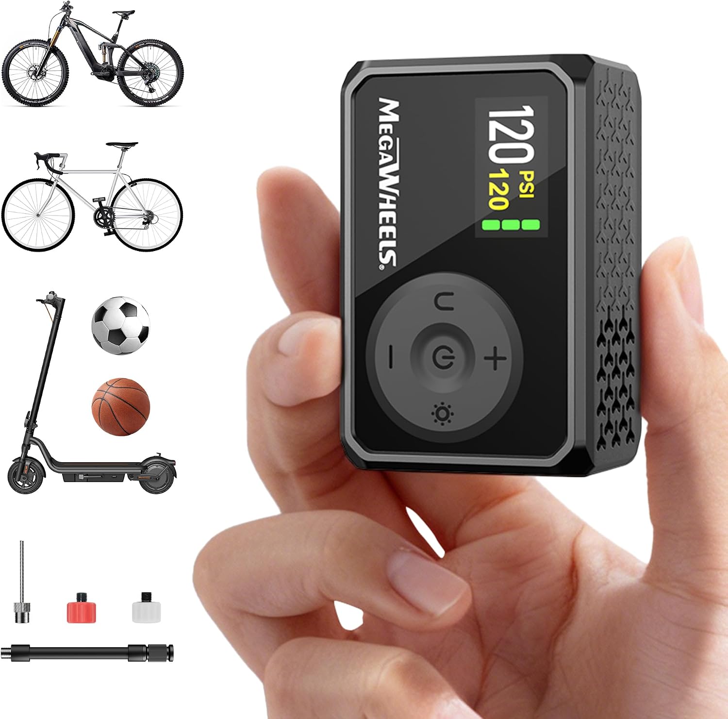 MEGAWHEELS Mini Bike Pump with Gauge, 120/150PSI Bike Tire Inflator with Presta & Schrader Valve, Portable Electric Air Pump Auto Stop, Fast Inflation for E-Bike, Mountain Bike, Scooter, Balls