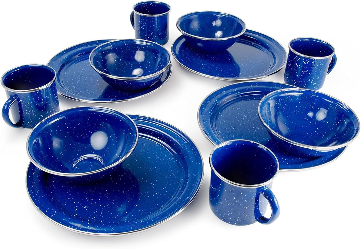 GSI Outdoors Pioneer Enamel 12 Pieces (4-Person) Dish Set I Enamelware Dishes Including Plates, Bowls and Mugs for Camping, Outdoors, RV, Camp, Blue