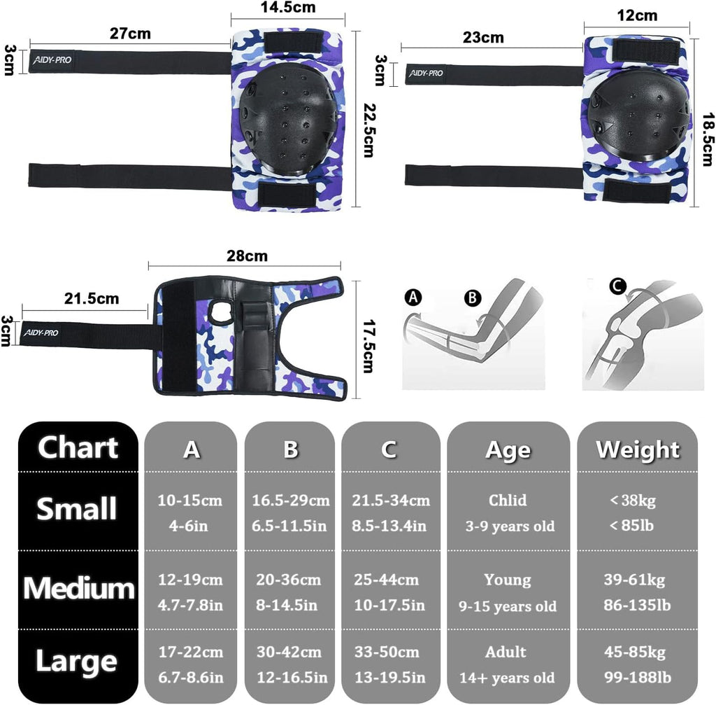 AIDY-PRO Adult/Youth/Kids Knee Pads and Elbow Pads Set Skateboard Protective Gear, 6 in 1 Knee Guards Kids Wrist Guards for Roller Skating Skateboarding Biking