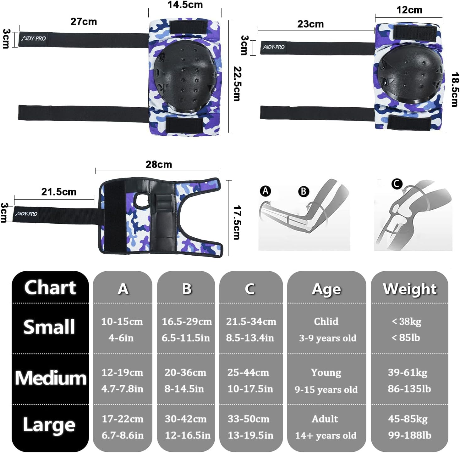 AIDY-PRO Adult/Youth/Kids Knee Pads and Elbow Pads Set Skateboard Protective Gear, 6 in 1 Knee Guards Kids Wrist Guards for Roller Skating Skateboarding Biking