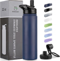 DOMICARE Insulated Water Bottle, 22 oz Vacuum Insulated Stainless Steel Reusable Sports Bottle with Straw Lid & Spout Lid for Travel, Camping, Bike, Leakproof, Navy Blue, 1 Pack
