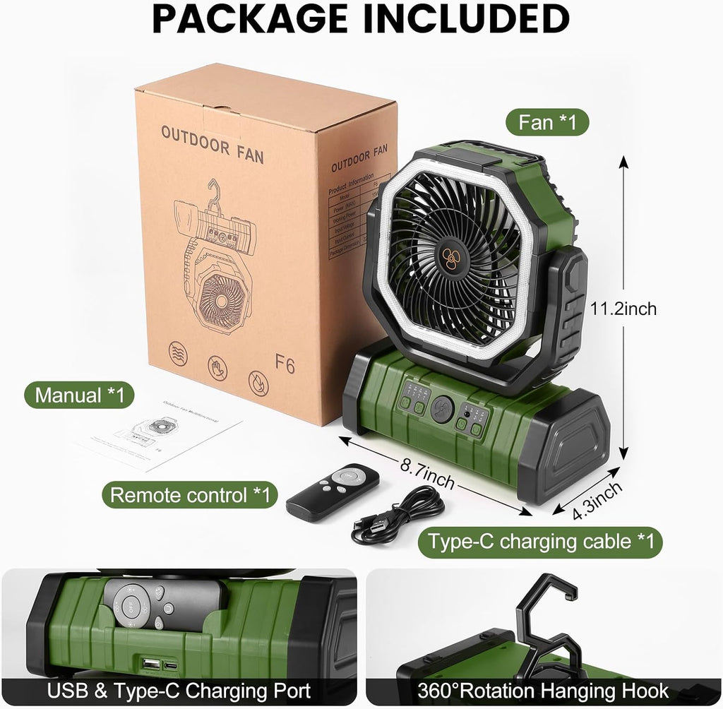 Odoland 30000mAh Camping Fan with LED Lantern, Rechargeable Battery Fan | Operated Oscillating Fan with Remote & Hook, Portable Tent Fan with Timer, 4 Speeds for Outdoor Camp RV Power Outage, Green