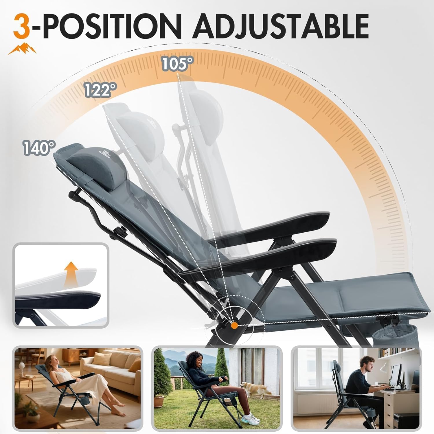 Portal Reclining Camping Chair with Adjustable Back 2 Packs, Gray